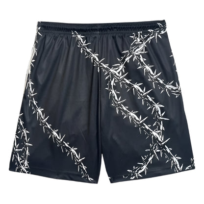 Black shorts with white barbed wire pattern on a white background