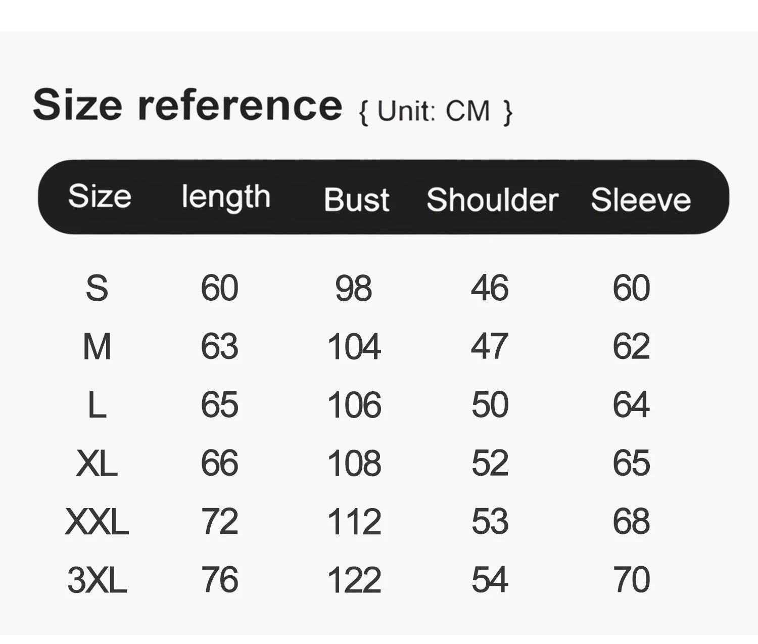 Size reference chart for clothing measurements in centimeters