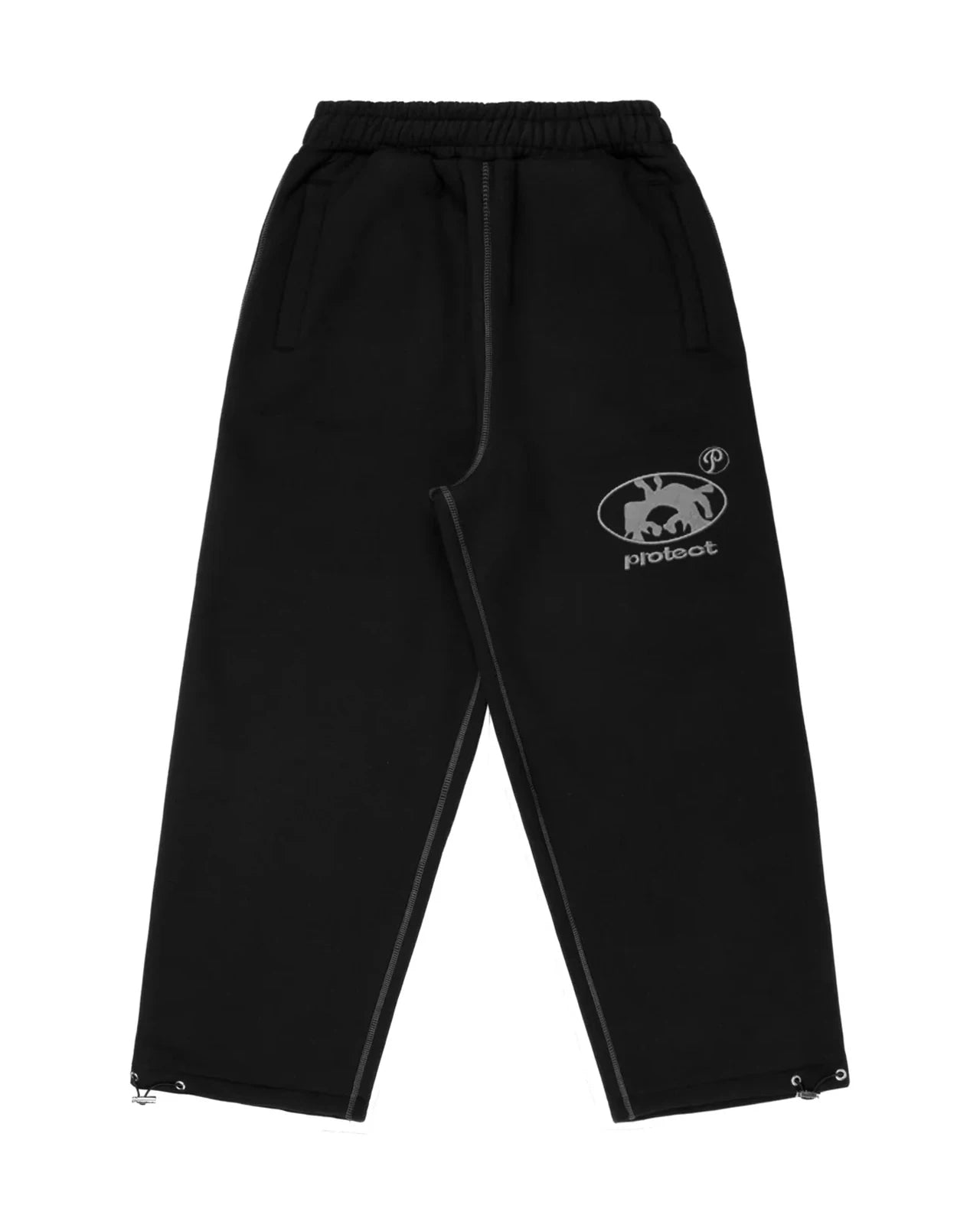 Black pants with a logo on a white background