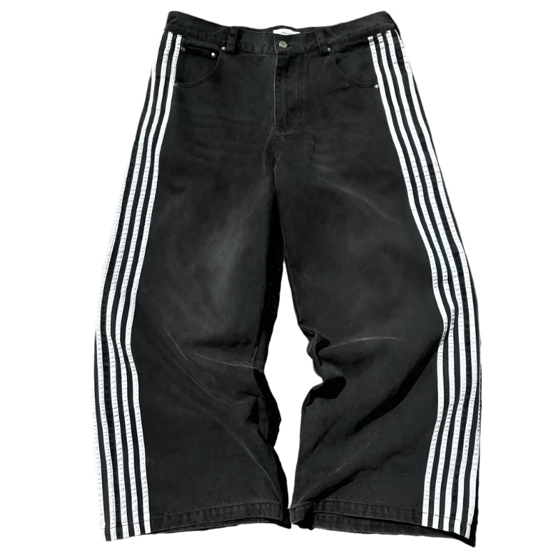 Black pants with white stripes on a light gray background