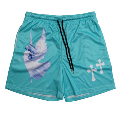 Turquoise shorts with a shell design and cross symbols on a white background