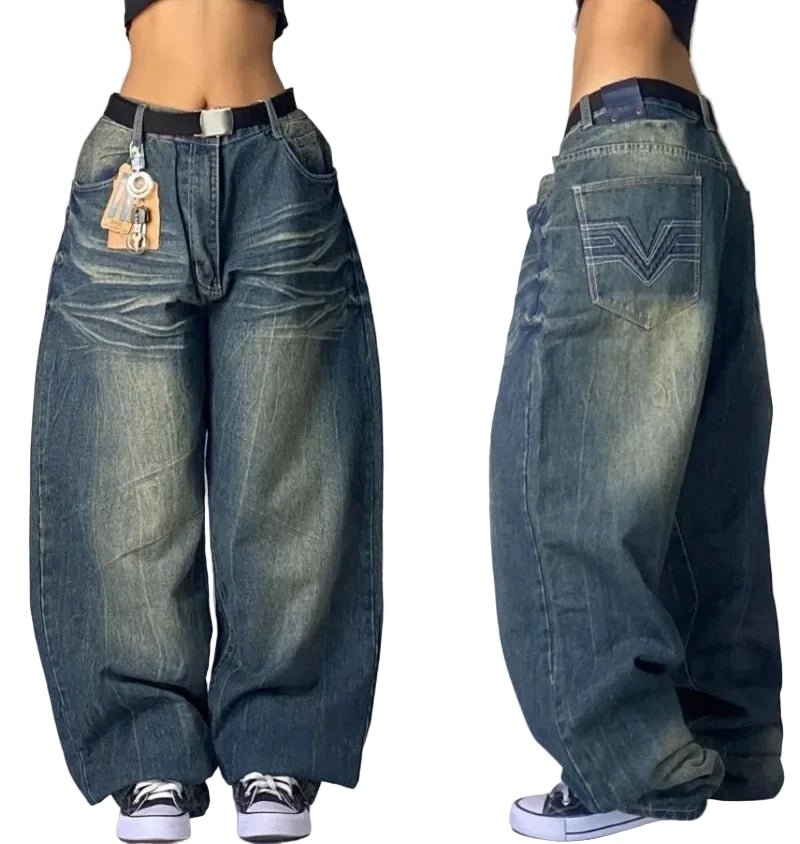 Pair of oversized blue jeans shown from front and side views on a plain background