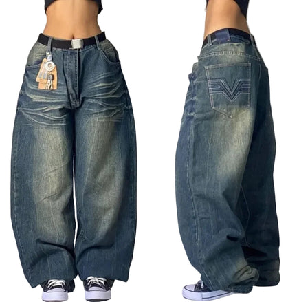 Pair of oversized blue jeans shown from front and side views on a plain background