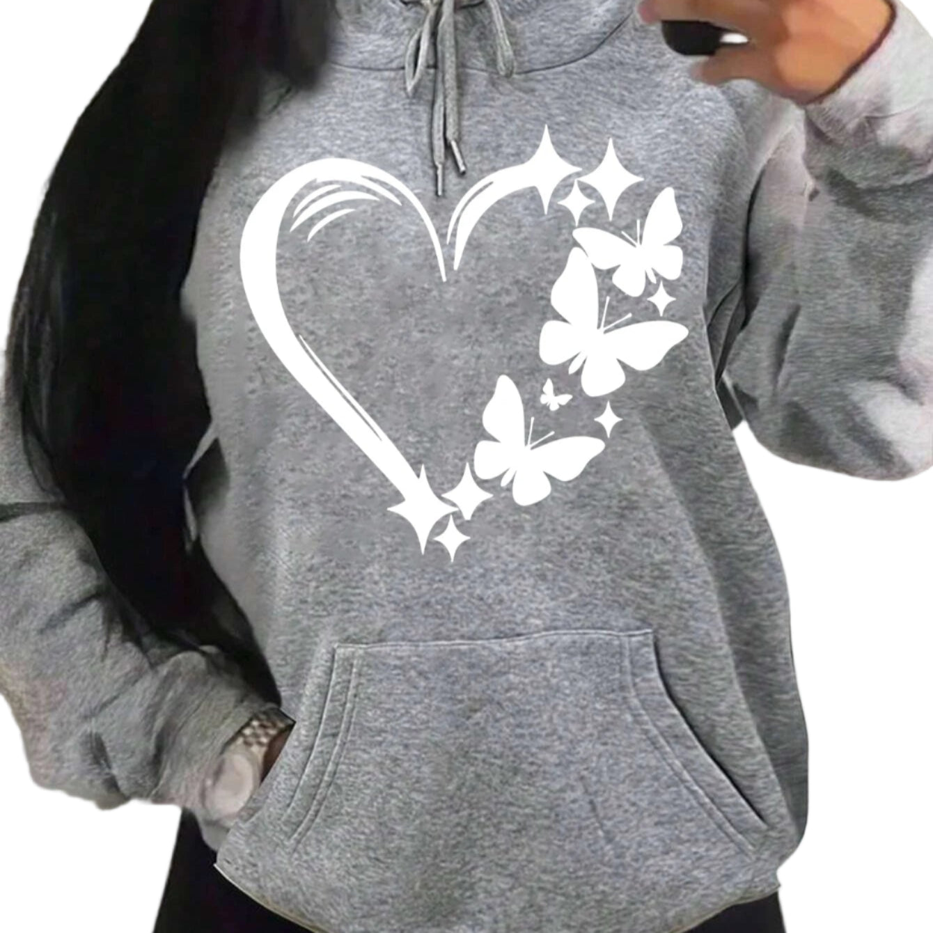 Gray hoodie with a heart and butterfly design on a plain background