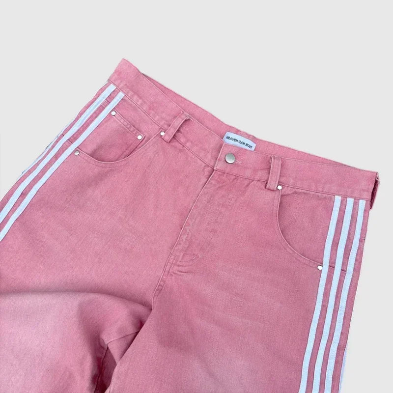 Pink pants with white stripes on a light gray background