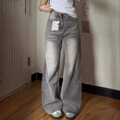 Grey Draped American Style Wide-Leg Jeans