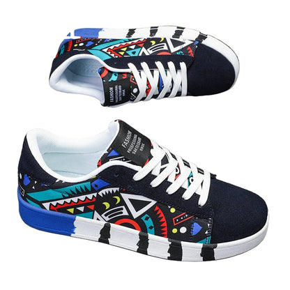Colorful sneakers with abstract patterns on a gray background