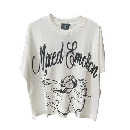 White t-shirt with 'Mixed Emotion' text and graphic on a gray background