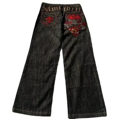 Wide-Leg Denim Y2K Knight Patchwork Jeans