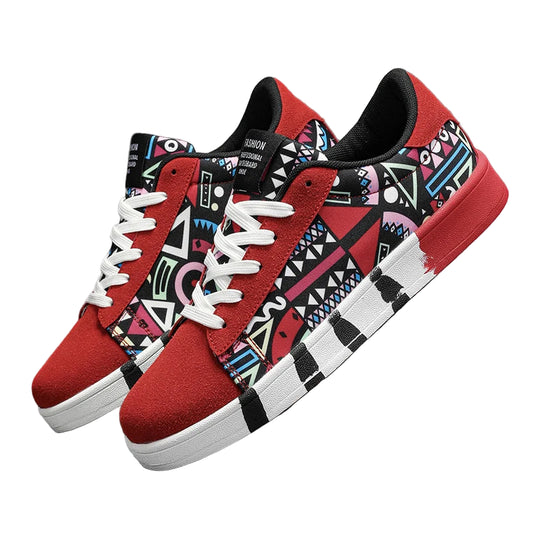 Red sneakers with geometric pattern on a gray background, featuring the RZL brand logo.
