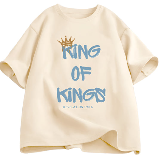 Beige t-shirt with 'King of Kings' text and crown graphic on a grid background