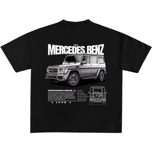 Black t-shirt with Mercedes-Benz G-Class graphic on a gray background