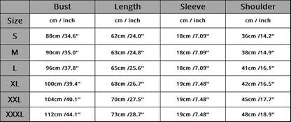 Table displaying garment measurements in centimeters and inches for various sizes.