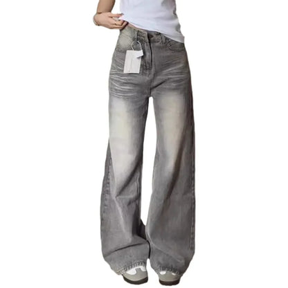 Grey Draped American Style Wide-Leg Jeans
