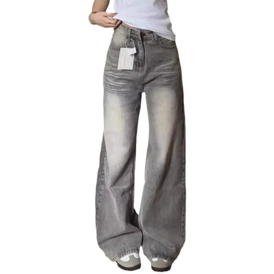 Grey Draped American Style Wide-Leg Jeans
