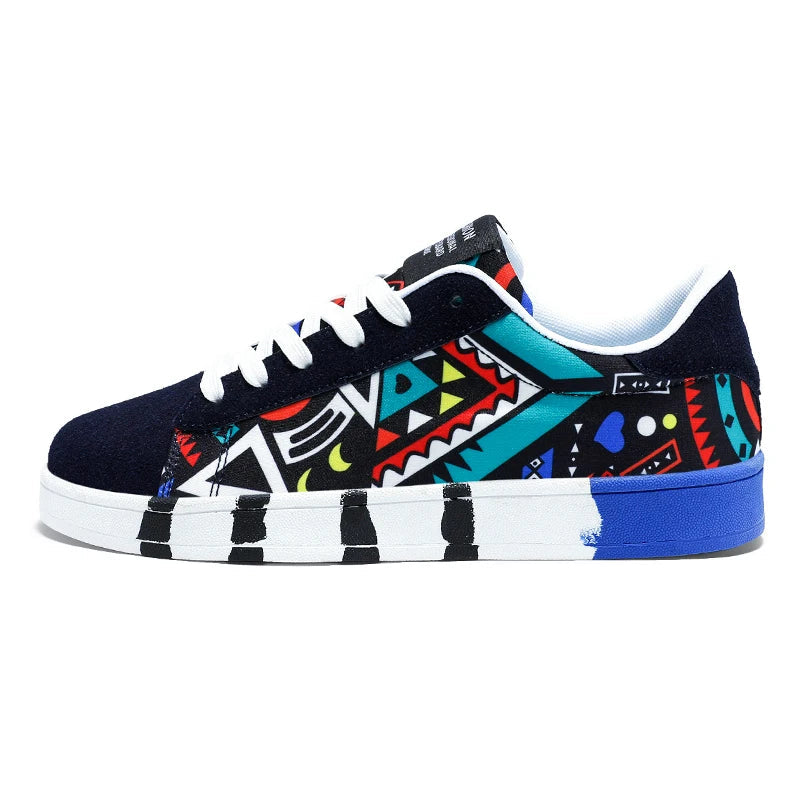 Colorful sneaker with geometric pattern on a white background, featuring the brand 'RZL'.