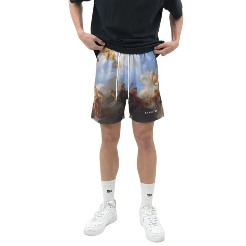 Person wearing a black t-shirt and colorful shorts on a white background