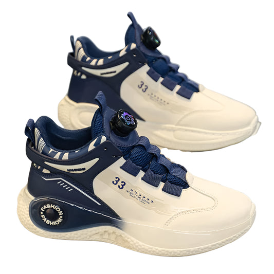 White and blue sneakers with '33' branding on a gray background