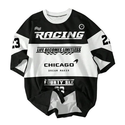 Black and white racing-themed sweatshirt with text on a gray background