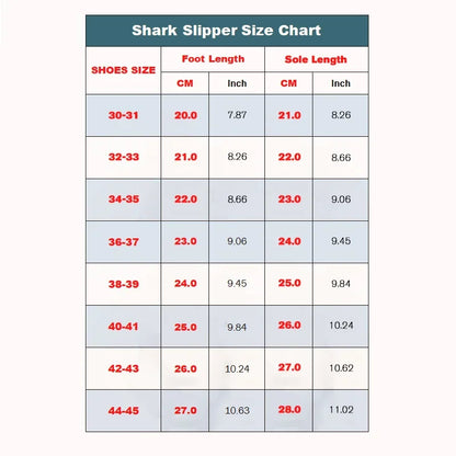 Shark Slipper size chart with shoe sizes, foot lengths, and sole lengths.