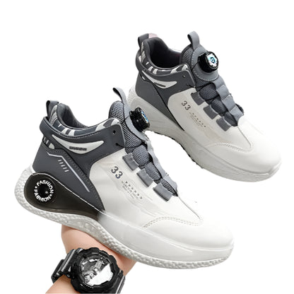 White and gray sneakers with text on a white background