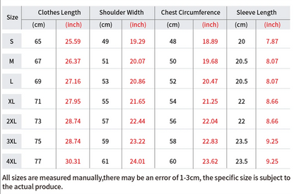 Table showing measurements of clothes for different sizes with a note on measurement accuracy.