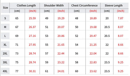 Table displaying clothing size measurements with columns for length, width, chest circumference, and sleeve length.