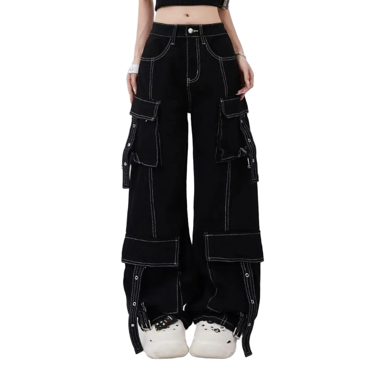 Black wide-leg cargo pants worn by a person on a white background