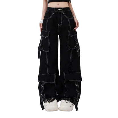 Black wide-leg cargo pants worn by a person on a white background