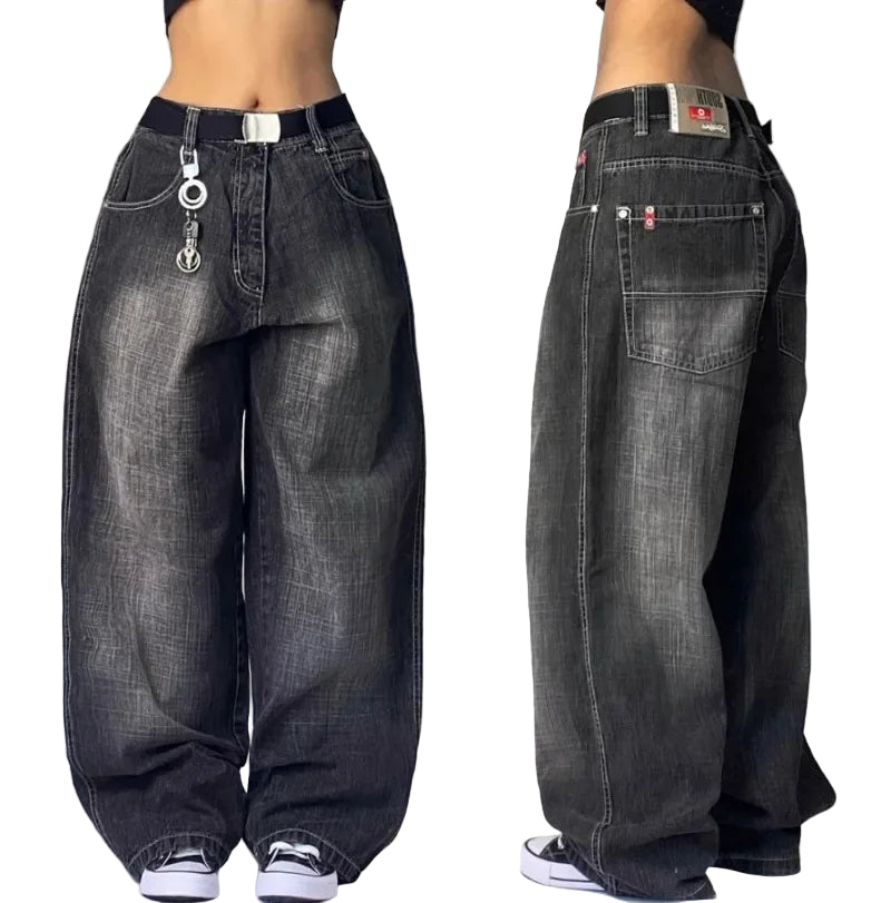 Black wide-leg jeans shown from front and side on a plain background