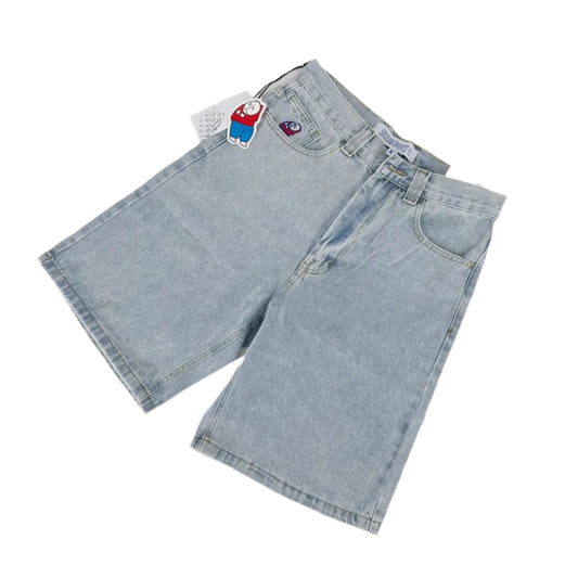 Light blue denim shorts on a white background