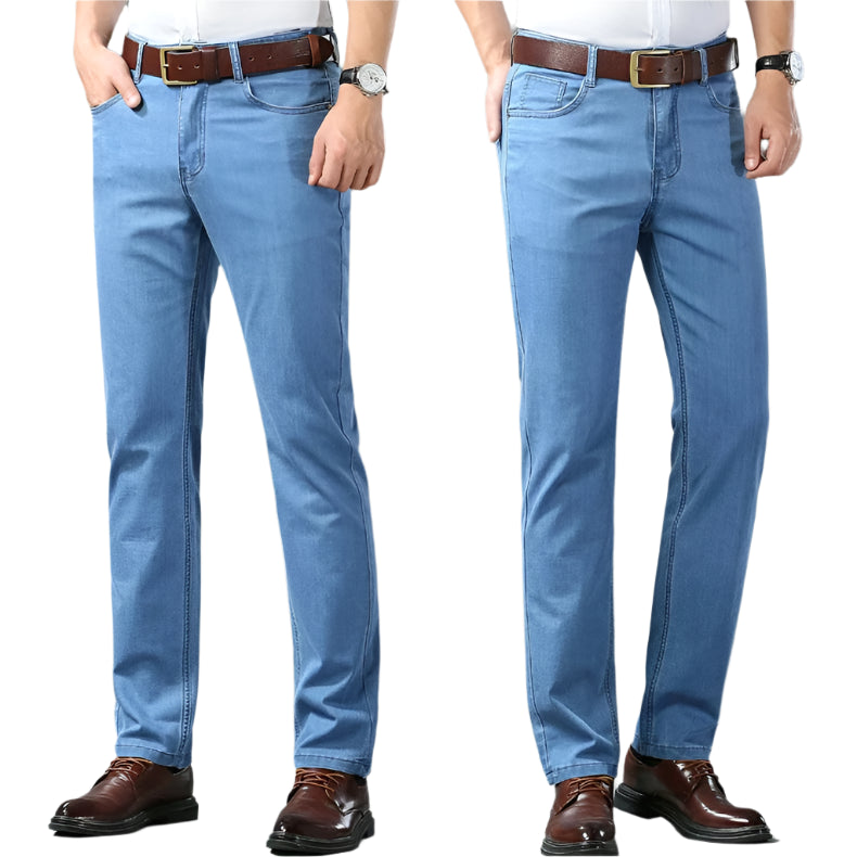 Two views of a person wearing blue jeans and brown shoes on a gray background