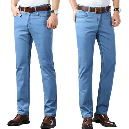 Two views of a person wearing blue jeans and brown shoes on a gray background