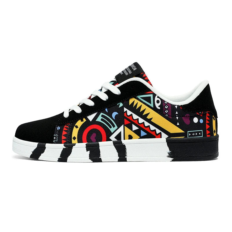 Sneaker with colorful geometric pattern on a white background, featuring the brand 'RZL'.