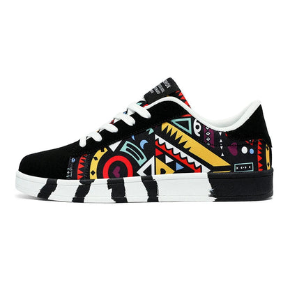 Sneaker with colorful geometric pattern on a white background, featuring the brand 'RZL'.