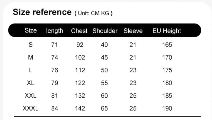 Product information sheet for a t-shirt with size chart and fabric details.