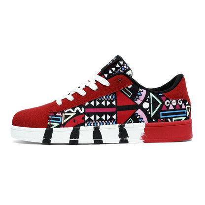 Red sneaker with geometric pattern on a white background, featuring the brand 'RZL'.