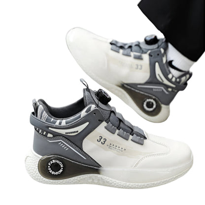 White and gray sneakers with unique design elements on a light gray floor.