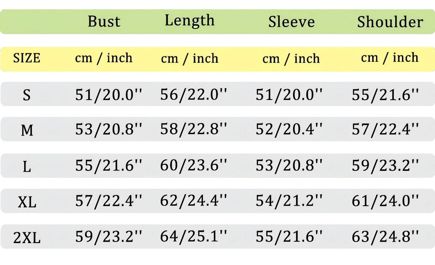 Size chart for clothing measurements in centimeters and inches, showing variations in bust, length, sleeve, and shoulder dimensions.