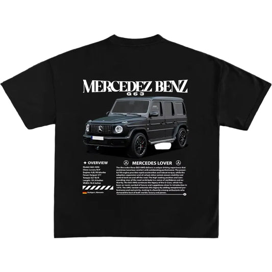Black t-shirt with Mercedes-Benz G-Class graphic and text on a dark background