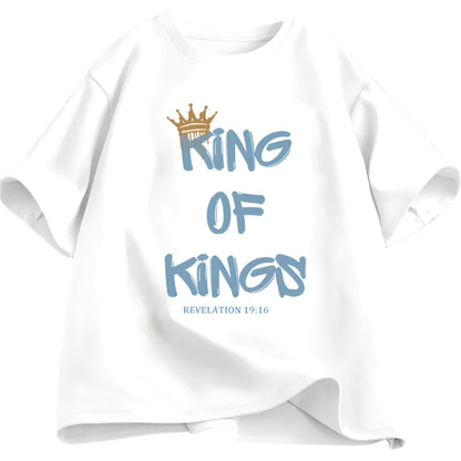 White t-shirt with 'King of Kings' text and crown graphic on a white background