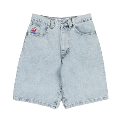 Light blue denim shorts on a white background