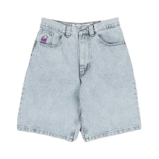 Light blue denim shorts on a white background