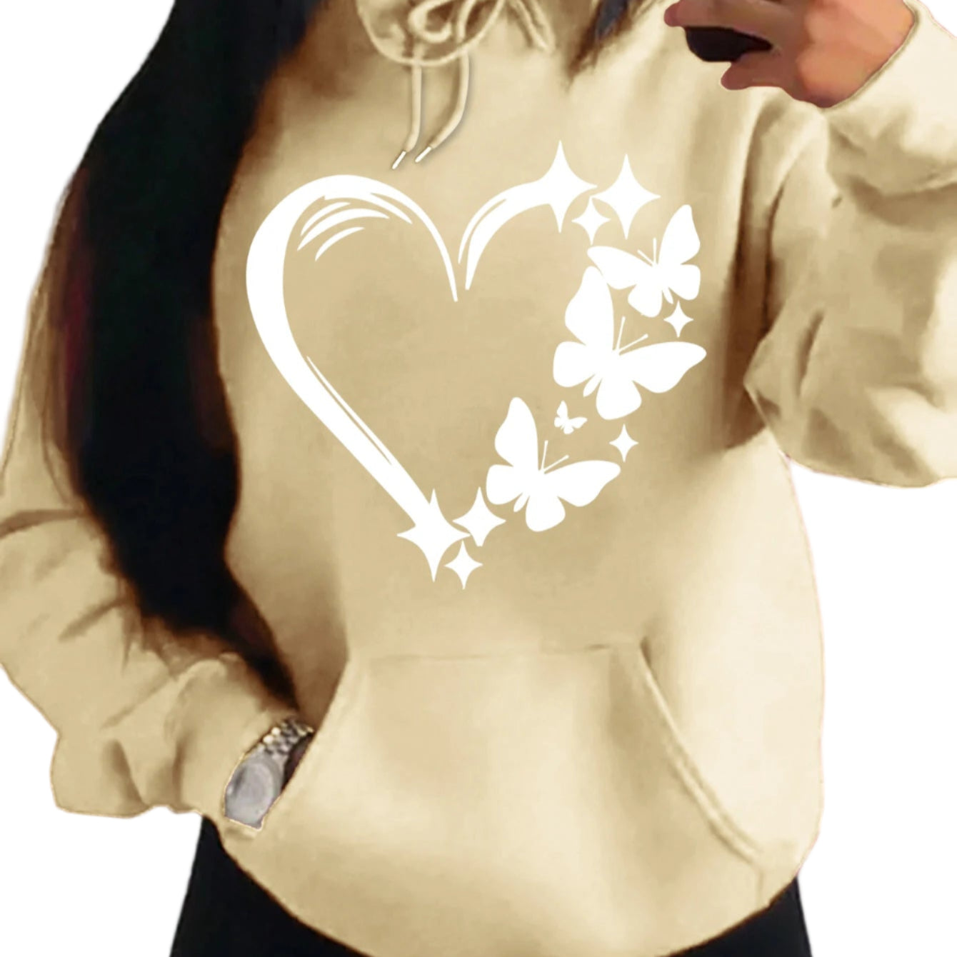 Beige hoodie with a heart and butterfly design on a plain background