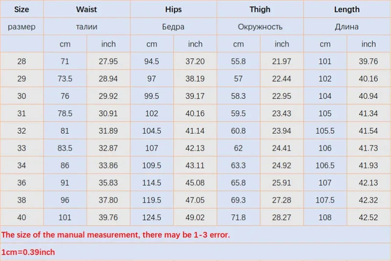 Measurement chart for waist, hips, thigh, and length in both centimeters and inches.