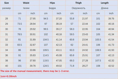 Measurement chart for waist, hips, thigh, and length in both centimeters and inches.