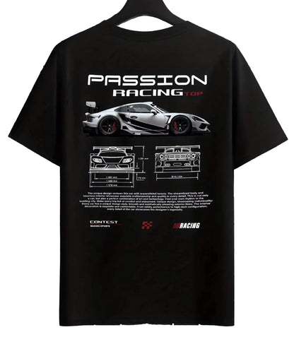 Black t-shirt with car design and 'Passion Racing' text on a tiled wall background