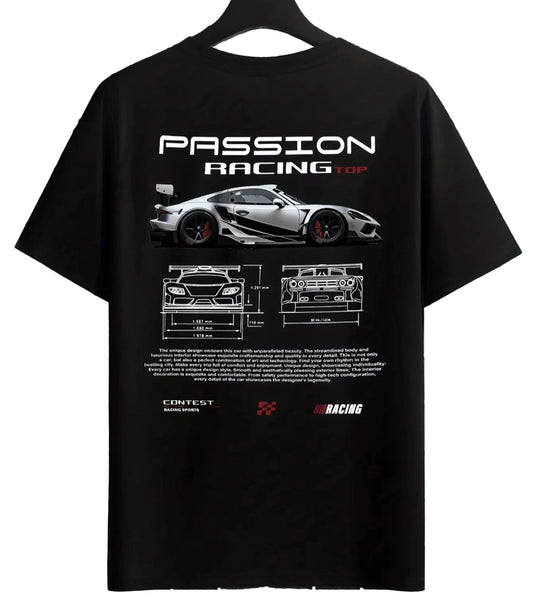 Black t-shirt with car design and 'Passion Racing' text on a tiled wall background
