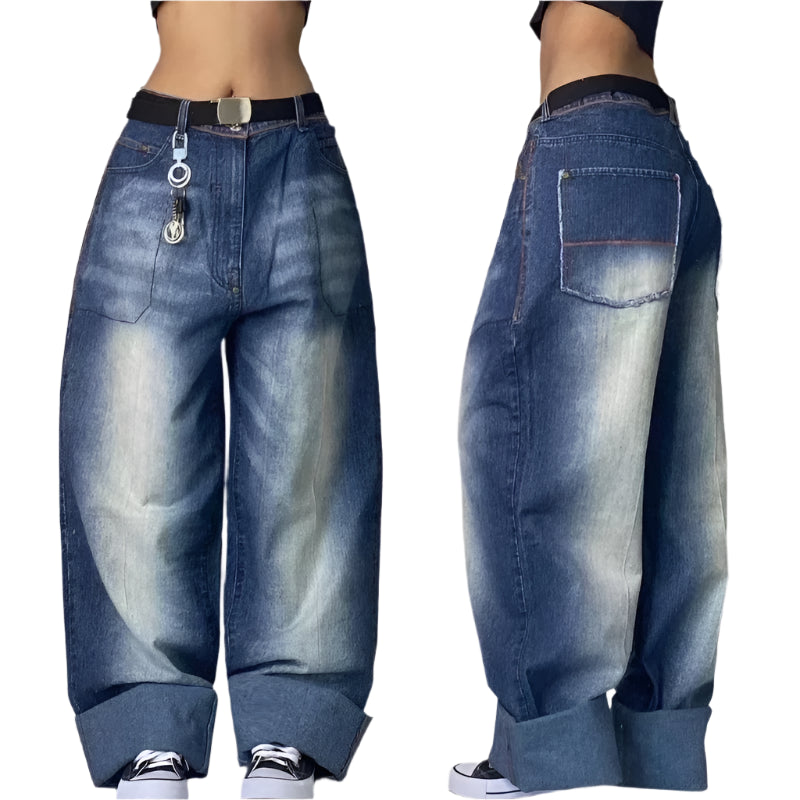 Pair of blue jeans shown from front and side views on a neutral background