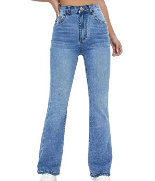 Person wearing light blue jeans on a gray background